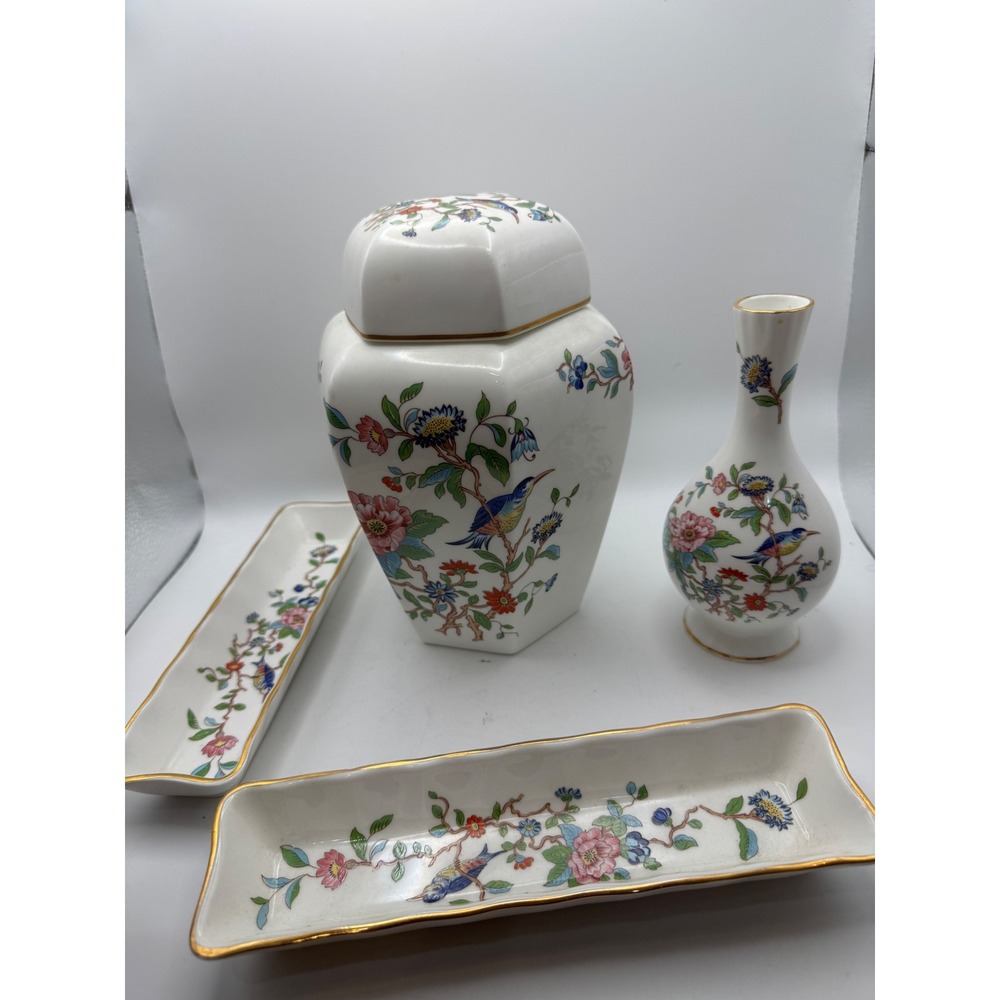 Vintage Aynsley Pembroke Ginger Jar Vase Set Floral Bird‎ Gilt Trim